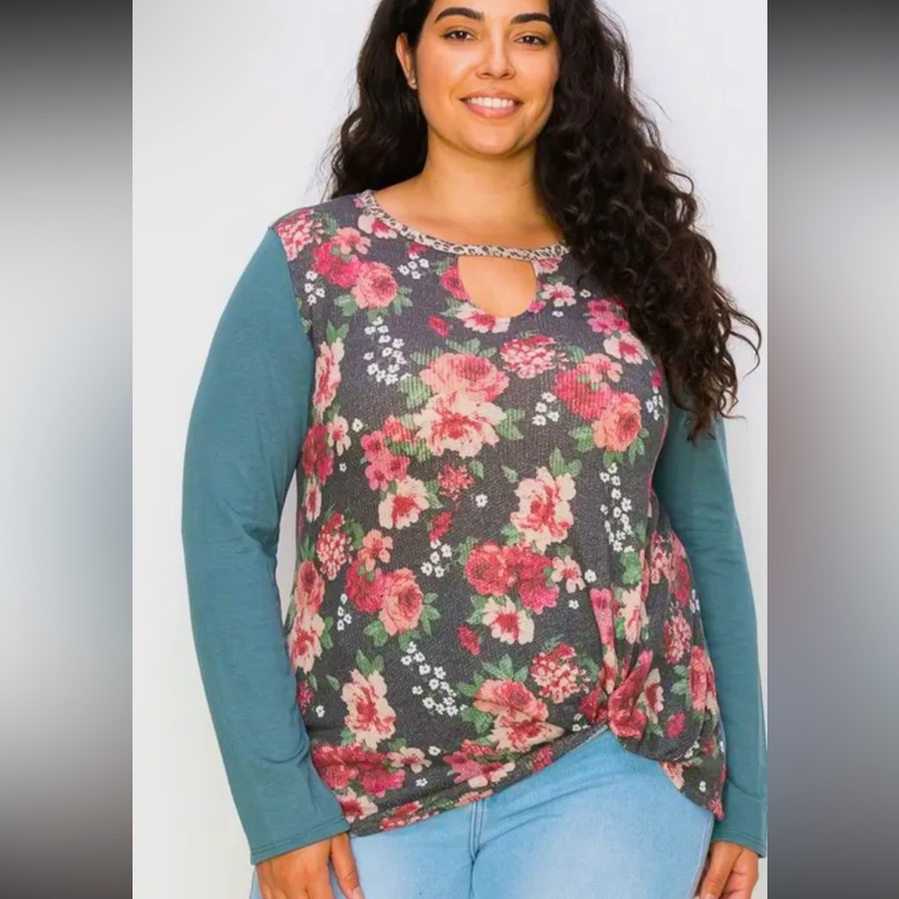 Boutique Contrast Floral and Teal Top